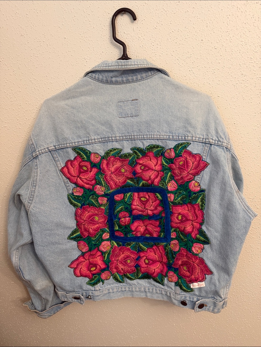 Light Blue Denim Jacket with Pink Floral Embroidery